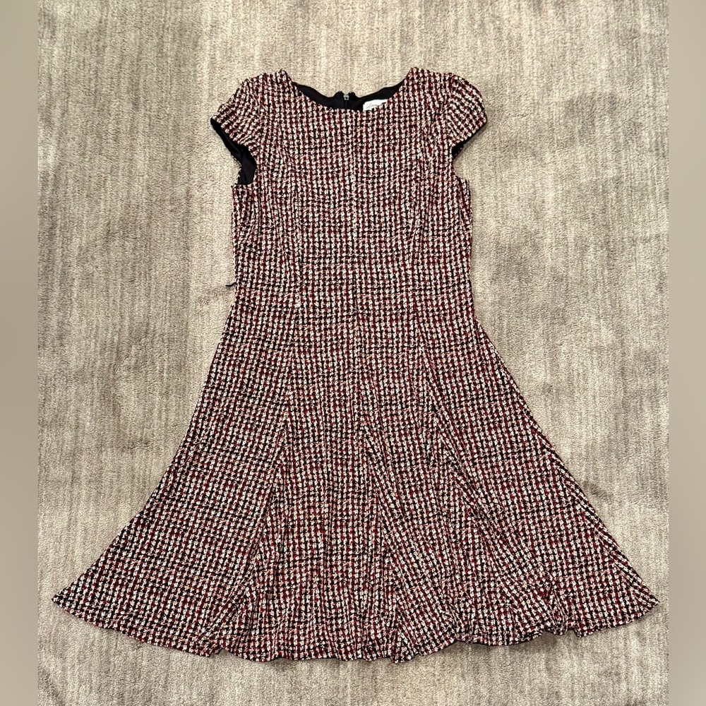 Chic Houndstooth Midi Dress in Red, White, Black and Beige - Laura Jeffries